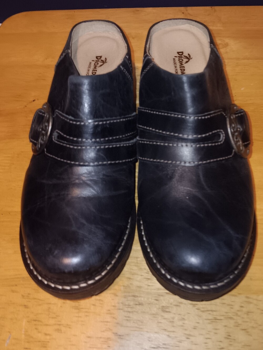 Dromedaris Black Leather Slip On Clogs Size 39